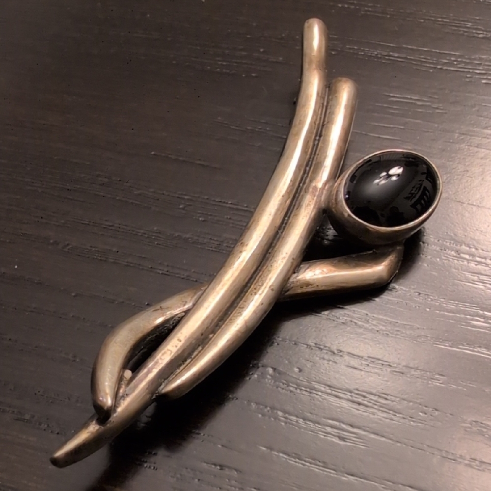Mexico Modernist 925 Sterling Silver Brooch/Pin with Black Onyx Cabochon - Picture 2 of 6